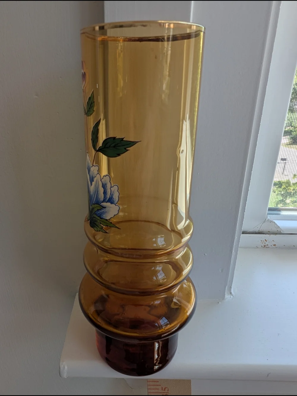 VTG Norleans Made In Italy Amber Glass Hand Painted Floral Cylinder Vase 7